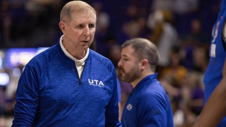 Dec 2, 2022; Baton Rouge, Louisiana, USA; Texas-Arlington Mavericks head coach Greg Young reacts to a play against the LSU Tigers during the first half at Pete Maravich Assembly Center. Mandatory Credit: Stephen Lew-USA TODAY Sports