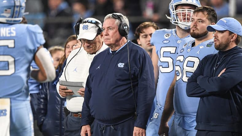 North Carolina Coach Mack Brown watches action against Clemson during the third quarter of the ACC Championship football game at Bank of America Stadium in Charlotte, North Carolina Saturday, Dec 3, 2022.
Clemson Tigers Football Vs North Carolina Tar Heels Acc Championship Charlotte Nc