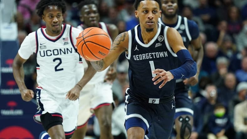 Dec 20, 2022; Storrs, Connecticut, USA; Georgetown Hoyas guard Primo Spears (1) returns the ball against the UConn Huskies in the second half at Harry A. Gampel Pavilion. Mandatory Credit: David Butler II-USA TODAY Sports