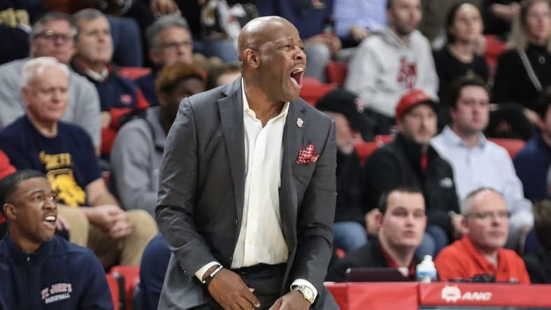 Jan 3, 2023; Queens, New York, USA; St. John's Red Storm head coach Mike Anderson reacts after a call in the first half against the Marquette Golden Eagles at Carnesecca Arena. Mandatory Credit: Wendell Cruz-USA TODAY Sports