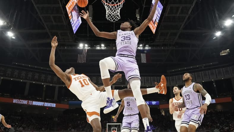 Jan 3, 2023; Austin, Texas, USA; Kansas State Wildcats forward Nae'Qwan Tomlin (35) reaches for a rebound over guard Desi Sills (13) and Texas Longhorns guard Sir'Jabari Rice (10) during the second half at Moody Center. Mandatory Credit: Scott Wachter-USA TODAY Sports