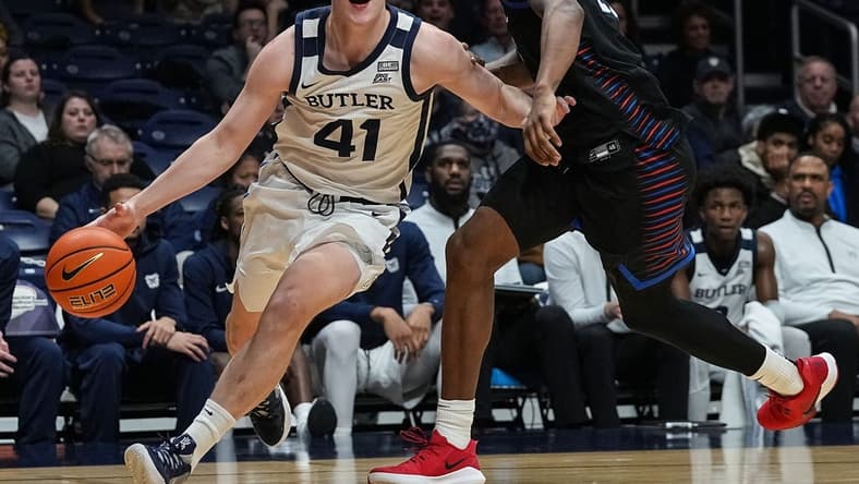 Butler Bulldogs guard Simas Lukosius (41) rushes up the court on Wednesday, Jan. 4, 2023 at Hinkle Fieldhouse in Indianapolis. The Butler Bulldogs defeated the DePaul Blue Demons, 78-70.
Ncaa Basketball Ini Butler Basketball Vs Depaul Depaul Blue Demons At Butler Bulldogs