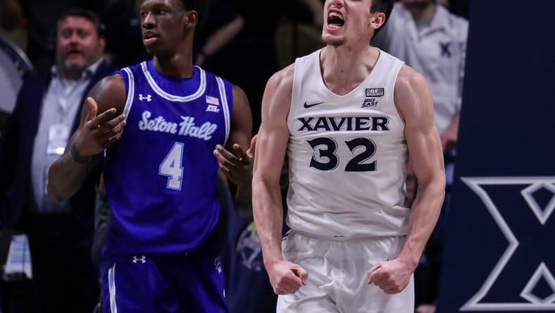Dec 20, 2022; Cincinnati, Ohio, USA; Xavier Musketeers forward Zach Freemantle (32) reacts after a play against the Seton Hall Pirates in the second half at Cintas Center. Mandatory Credit: Katie Stratman-USA TODAY Sports