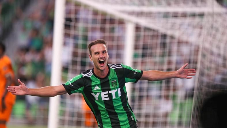 Austin FC midfielder Tom  Pochettino celebrates after the first score of the night against the Houston Dynamo FC during a match at Q2 Stadium in Austin, Texas on August 4, 2021.

Pochettino