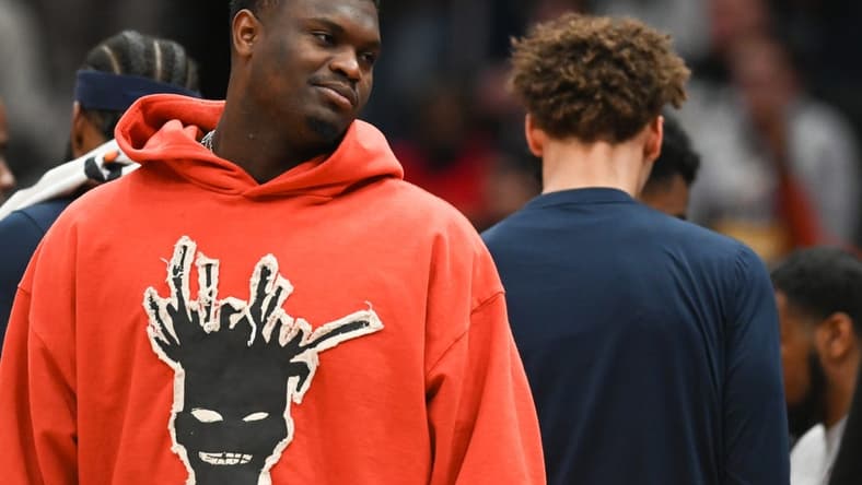 Jan 9, 2023; Washington, District of Columbia, USA; New Orleans Pelicans forward Zion Williamson (1) stands with teammates during the first half against the Washington Wizards at Capital One Arena. Mandatory Credit: Tommy Gilligan-USA TODAY Sports