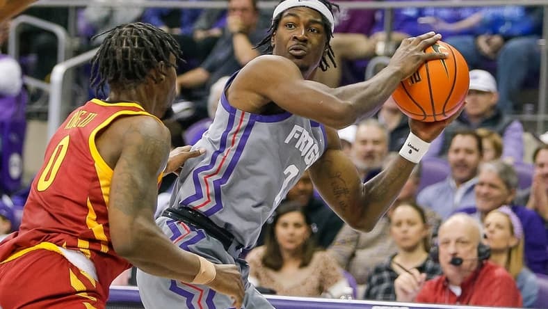 Jan 7, 2023; Fort Worth, Texas, USA; TCU Horned Frogs forward Emanuel Miller (2) during the first half against the Iowa State Cyclones at Ed and Rae Schollmaier Arena. Mandatory Credit: Andrew Dieb-USA TODAY Sports
