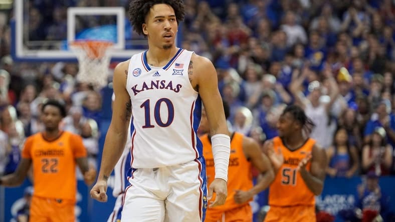 Dec 31, 2022; Lawrence, Kansas, USA; Kansas Jayhawks forward Jalen Wilson (10) on court against the Oklahoma State Cowboys during the game at Allen Fieldhouse. Mandatory Credit: Denny Medley-USA TODAY Sports