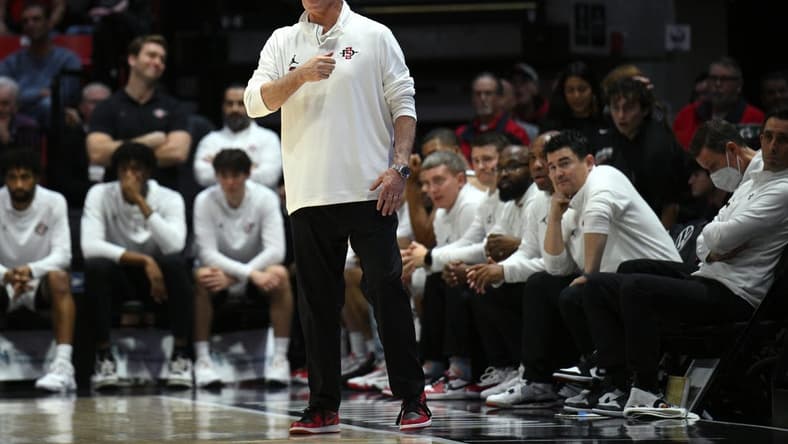 Jan 10, 2023; San Diego, California, USA; San Diego State Aztecs head coach Brian Dutcher reacts from the sideline during the first half against the Nevada Wolf Pack at Viejas Arena. Mandatory Credit: Orlando Ramirez-USA TODAY Sports