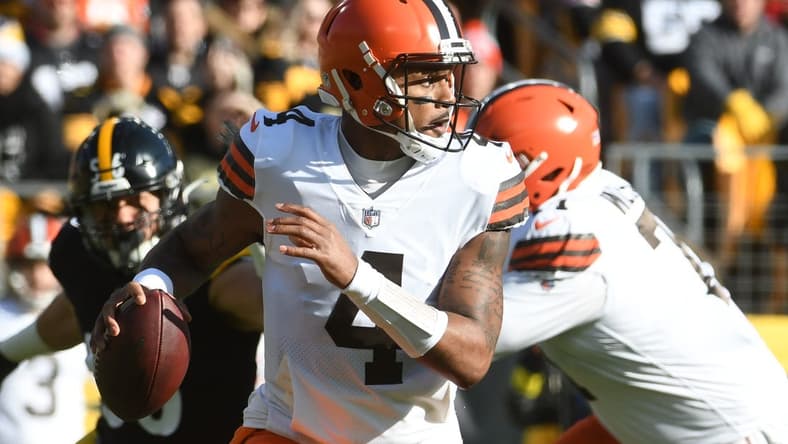 Jan 8, 2023; Pittsburgh, Pennsylvania, USA;  Cleveland Browns quarterback Deshaun Watson (4) in the first quarter at Acrisure Stadium. Mandatory Credit: Philip G. Pavely-USA TODAY Sports