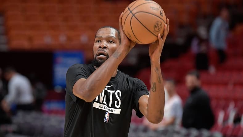 Jan 8, 2023; Miami, Florida, USA;  Brooklyn Nets forward Kevin Durant (7) warms up before playing the Miami Heat at FTX Arena. Mandatory Credit: Michael Laughlin-USA TODAY Sports