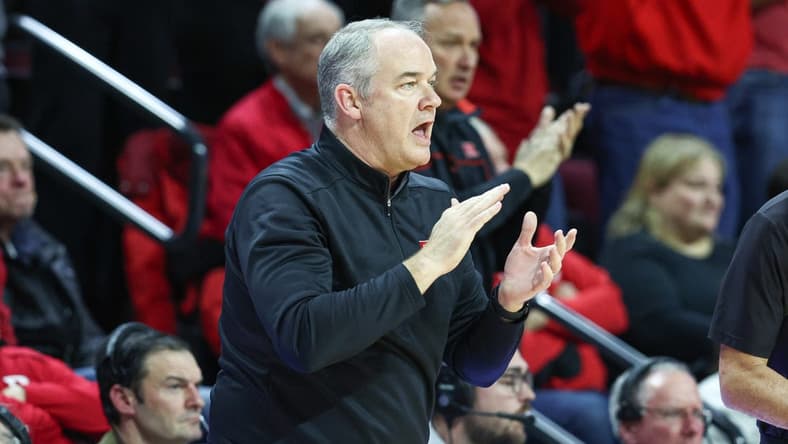 Jan 15, 2023; Piscataway, New Jersey, USA; Rutgers Scarlet Knights head coach Steve Pikiell reacts during the first half against the Ohio State Buckeyes at Jersey Mike's Arena. Mandatory Credit: Vincent Carchietta-USA TODAY Sports