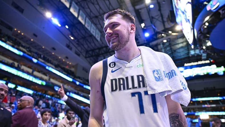 Jan 7, 2023; Dallas, Texas, USA; Dallas Mavericks guard Luka Doncic (77) after the game between the Dallas Mavericks and the New Orleans Pelicans at the American Airlines Center. Mandatory Credit: Jerome Miron-USA TODAY Sports