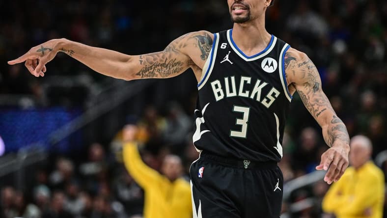 Jan 16, 2023; Milwaukee, Wisconsin, USA; Milwaukee Bucks guard George Hill (3) reacts in the second quarter against the Indiana Pacers at Fiserv Forum. Mandatory Credit: Benny Sieu-USA TODAY Sports