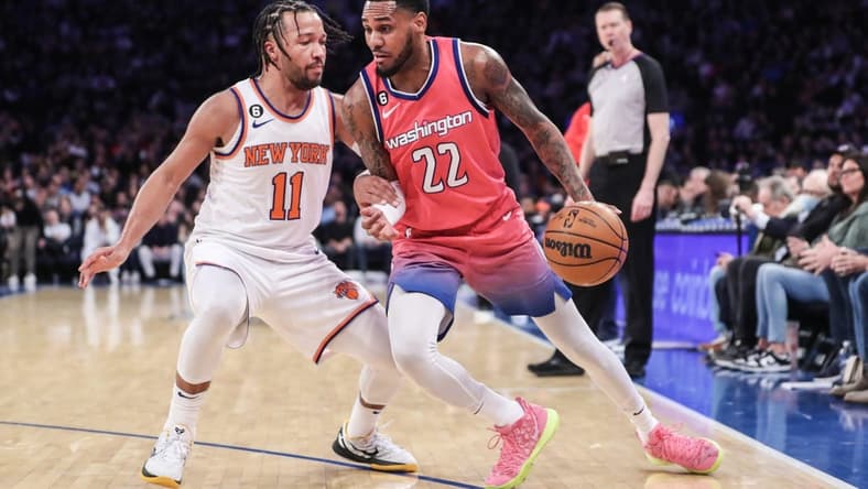 Jan 18, 2023; New York, New York, USA; Washington Wizards guard Monte Morris (22) looks to drive past New York Knicks guard Jalen Brunson (11) in the third quarter at Madison Square Garden. Mandatory Credit: Wendell Cruz-USA TODAY Sports