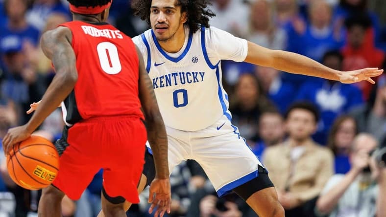 Jan 17, 2023; Lexington, Kentucky, USA; Kentucky Wildcats forward Jacob Toppin guards Georgia Bulldogs guard Terry Roberts (0) during the second half at Rupp Arena at Central Bank Center. Mandatory Credit: Jordan Prather-USA TODAY Sports