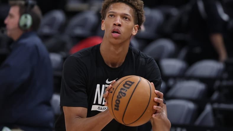 Jan 20, 2023; Salt Lake City, Utah, USA; Brooklyn Nets forward Kessler Edwards (14) warms up prior to a game against the Utah Jazz at Vivint Arena. Mandatory Credit: Rob Gray-USA TODAY Sports