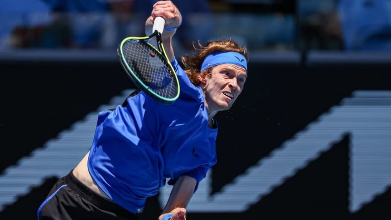 Jan 21, 2023; Melbourne, VICTORIA, Australia; Andrey Rublev from Russia during his third round match against  Daniel Evans from Great Britain on day six of the 2023 Australian Open tennis tournament at Melbourne Park. Mandatory Credit: Mike Frey-USA TODAY Sports