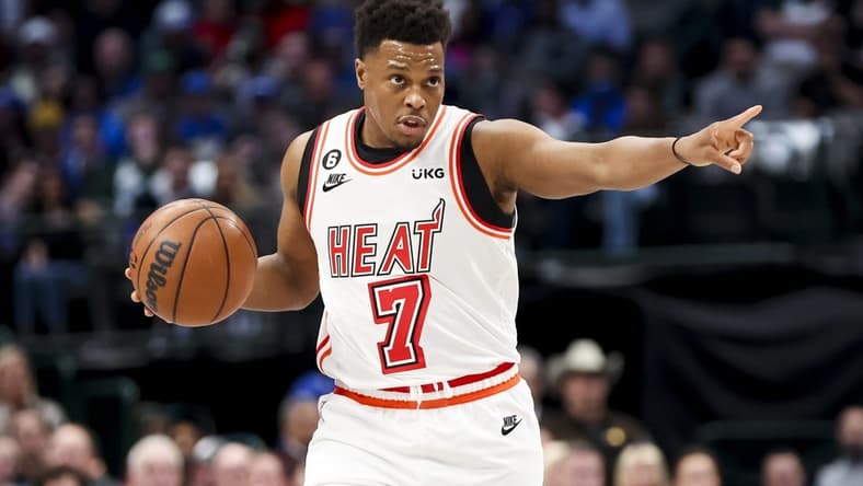 Jan 20, 2023; Dallas, Texas, USA; Miami Heat guard Kyle Lowry (7) controls the ball during the first half against the Dallas Mavericks at American Airlines Center. Mandatory Credit: Kevin Jairaj-USA TODAY Sports