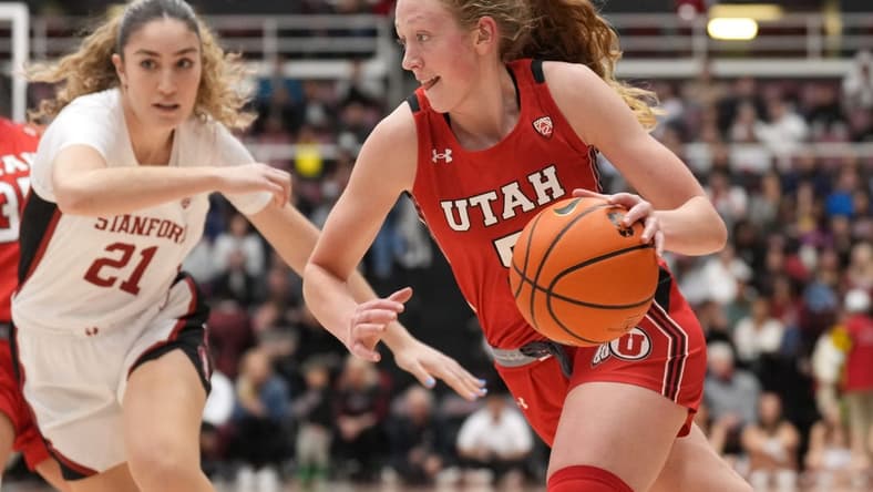 Jan 20, 2023; Stanford, California, USA; Utah Utes guard Gianna Kneepkens (5) dribbles against Stanford Cardinal forward Brooke Demetre (21) during the second quarter at Maples Pavilion. Mandatory Credit: Darren Yamashita-USA TODAY Sports