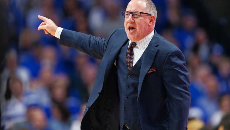 Jan 21, 2023; Lexington, Kentucky, USA; Texas A&M Aggies head coach Buzz Williams talks to his player during the first half against the Kentucky Wildcats at Rupp Arena at Central Bank Center. Mandatory Credit: Jordan Prather-USA TODAY Sports