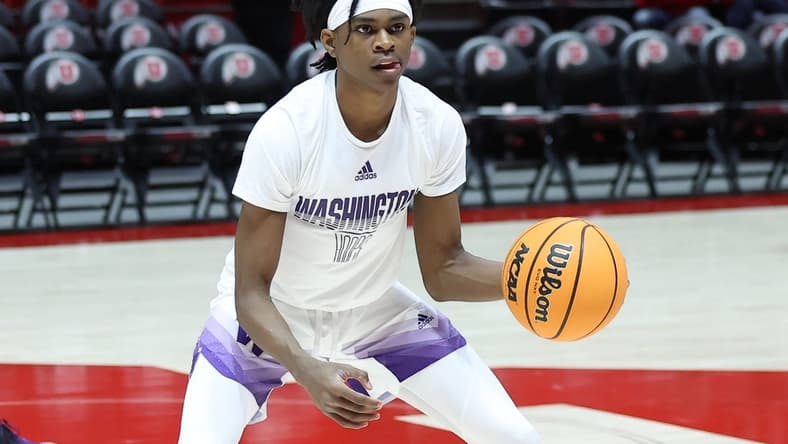 Jan 21, 2023; Salt Lake City, Utah, USA; Washington Huskies guard Keyon Menifield (23) warms up before a game against the Utah Utes at Jon M. Huntsman Center. Mandatory Credit: Rob Gray-USA TODAY Sports