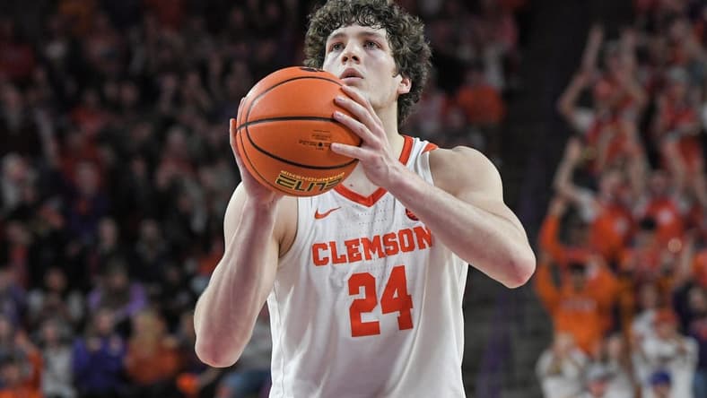 January 21, 2023; Clemson, SC; Clemson sophomore forward PJ Hall (24) shoots a free throw against Virginia Tech during the second half at Littlejohn Coliseum in Clemson, S.C. Saturday, January 21, 2023. Mandatory Credit: Ken Ruinard-USA TODAY NETWORK
