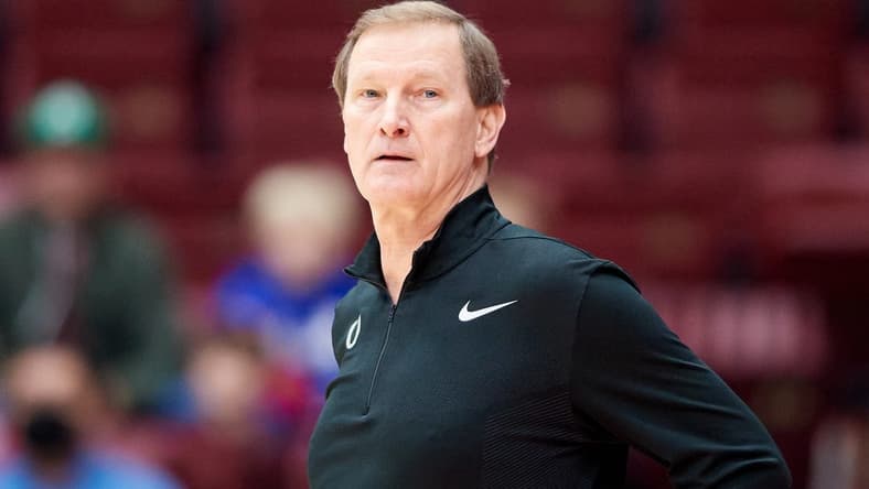 Jan 21, 2023; Stanford, California, USA; Oregon Ducks head coach Dana Altman watches play against the Stanford Cardinal during the first half at Maples Pavilion. Mandatory Credit: Robert Edwards-USA TODAY Sports