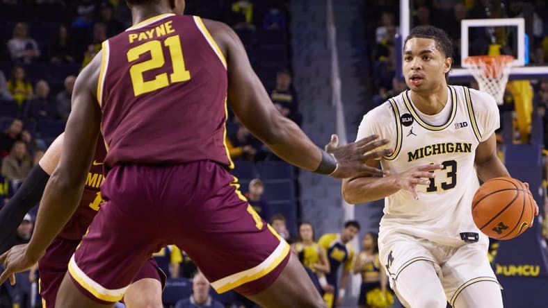 Jan 22, 2023; Ann Arbor, Michigan, USA; Michigan Wolverines guard Jett Howard (13) dribbles defended by Minnesota Golden Gophers forward Pharrel Payne (21) in the first half at Crisler Center. Mandatory Credit: Rick Osentoski-USA TODAY Sports