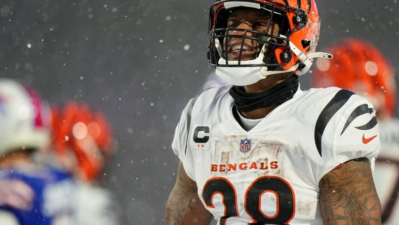 Cincinnati Bengals running back Joe Mixon (28) gestures for a first down after a carry in the second quarter during an NFL divisional playoff football game between the Cincinnati Bengals and the Buffalo Bills, Sunday, Jan. 22, 2023, at Highmark Stadium in Orchard Park, N.Y.
Cincinnati Bengals At Buffalo Bills Afc Divisional Jan 22 1259