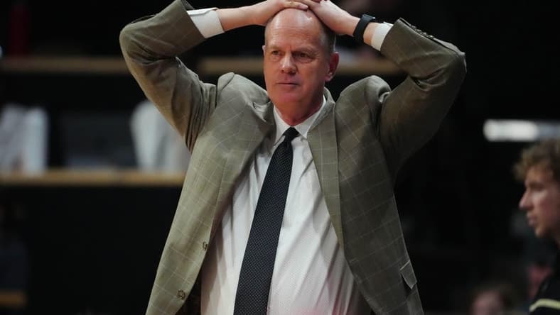 Jan 22, 2023; Boulder, Colorado, USA; Colorado Buffaloes head coach Tad Boyle reacts in the second half against the Washington State Cougars at the CU Events Center. Mandatory Credit: Ron Chenoy-USA TODAY Sports