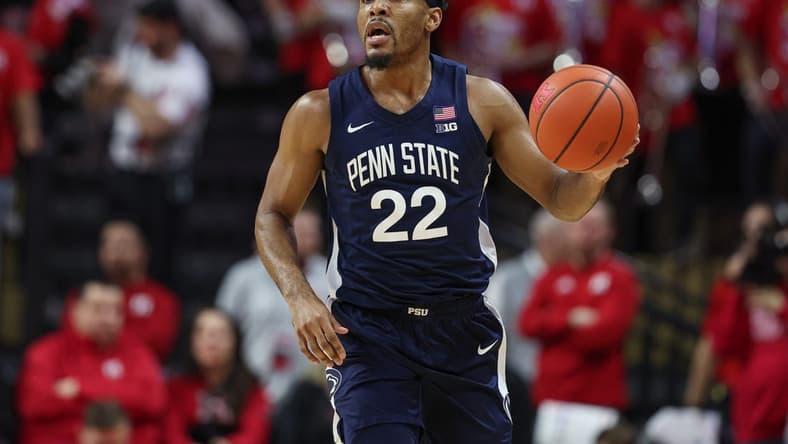 Jan 24, 2023; Piscataway, New Jersey, USA; Penn State Nittany Lions guard Jalen Pickett (22) dribbles up court during the first half against the Rutgers Scarlet Knights at Jersey Mike's Arena. Mandatory Credit: Vincent Carchietta-USA TODAY Sports