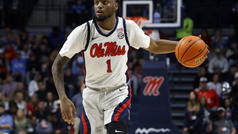 Jan 24, 2023; Oxford, Mississippi, USA; Mississippi Rebels guard Amaree Abram (1) dribbles during the second half against the Missouri Tigers at The Sandy and John Black Pavilion at Ole Miss. Mandatory Credit: Petre Thomas-USA TODAY Sports