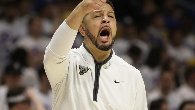 Jan 25, 2023; Pittsburgh, Pennsylvania, USA; Pittsburgh Panthers head coach Jeff Capel reacts on the court against the Wake Forest Demon Deacons during the second half at the Petersen Events Center. Pittsburgh won 81-79. Mandatory Credit: Charles LeClaire-USA TODAY Sports