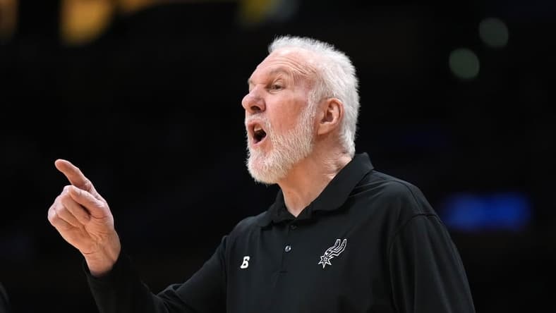 Jan 25, 2023; Los Angeles, California, USA; San Antonio Spurs coach Gregg Popovich reacts against the Los Angeles Lakers in the first half at Crypto.com Arena. Mandatory Credit: Kirby Lee-USA TODAY Sports
