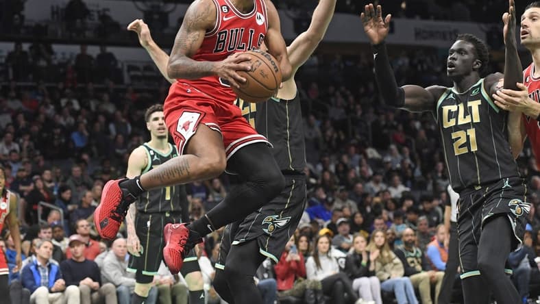 Jan 26, 2023; Charlotte, North Carolina, USA;  Chicago Bulls guard Coby White (0) looks to pass during the second half against the Charlotte Hornets at the Spectrum Center. Mandatory Credit: Sam Sharpe-USA TODAY Sports
