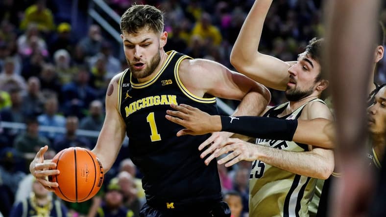 Michigan center Hunter Dickinson (1) dribbles against Purdue guard Ethan Morton (25) during the first half at Crisler Center in Ann Arbor on Thursday, Jan. 26, 2023.