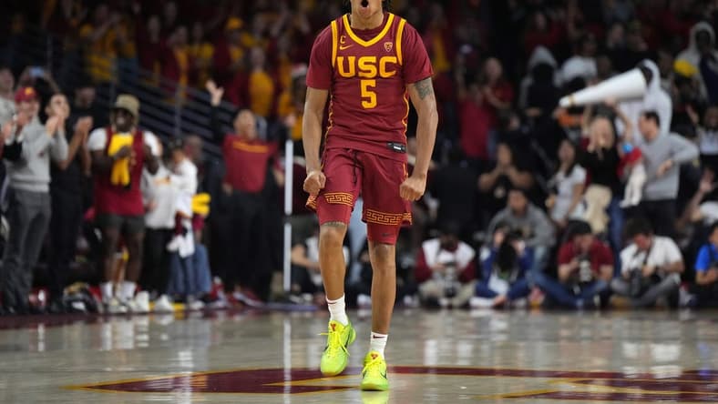 Jan 26, 2023; Los Angeles, California, USA; Southern California Trojans guard Boogie Ellis (5) celebrates in the second half against the UCLA Bruins at Galen Center. Mandatory Credit: Kirby Lee-USA TODAY Sports