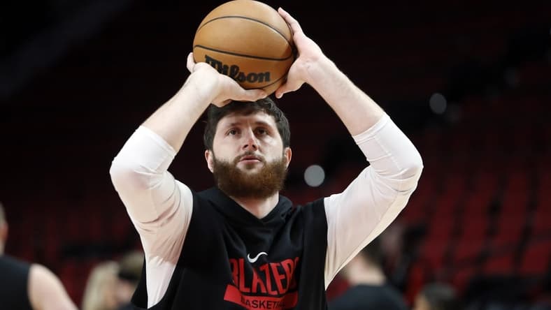 Jan 28, 2023; Portland, Oregon, USA; Portland Trail Blazers center Jusuf Nurkic (27) warms up prior to a game against the Toronto Raptors at Moda Center. Mandatory Credit: Soobum Im-USA TODAY Sports