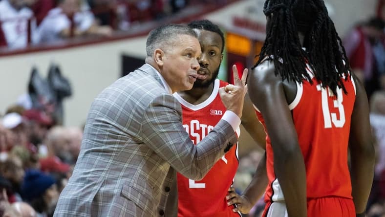 Jan 28, 2023; Bloomington, Indiana, USA; Ohio State Buckeyes head coach Chris Holtmann talks to players in the first half against the Indiana Hoosiers at Simon Skjodt Assembly Hall. Mandatory Credit: Trevor Ruszkowski-USA TODAY Sports
