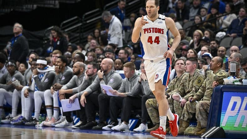 Jan 30, 2023; Dallas, Texas, USA; Detroit Pistons forward Bojan Bogdanovic (44) points to his teammates after he makes a three point shot against the Dallas Mavericks during the second quarter at the American Airlines Center. Mandatory Credit: Jerome Miron-USA TODAY Sports