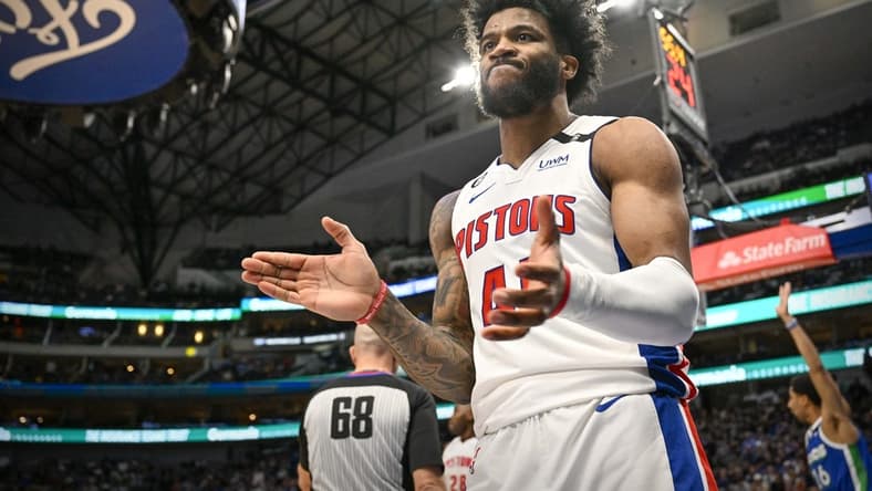 Jan 30, 2023; Dallas, Texas, USA; Detroit Pistons forward Saddiq Bey (41) reacts to missing a shot against the Dallas Mavericks during the second half at the American Airlines Center. Mandatory Credit: Jerome Miron-USA TODAY Sports