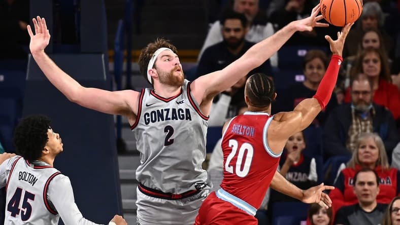 Jan 19, 2023; Spokane, Washington, USA; Loyola Marymount Lions guard Justin Ahrens (2) has his shot blocked by Gonzaga Bulldogs forward Drew Timme (2) in the second half at McCarthey Athletic Center. Mandatory Credit: James Snook-USA TODAY Sports