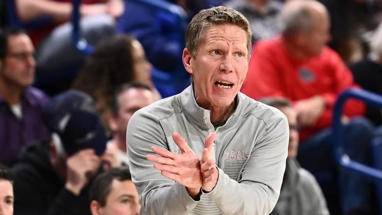 Jan 19, 2023; Spokane, Washington, USA; Gonzaga Bulldogs head coach Mark Few looks on against the Loyola Marymount Lions in the second half at McCarthey Athletic Center. Mandatory Credit: James Snook-USA TODAY Sports