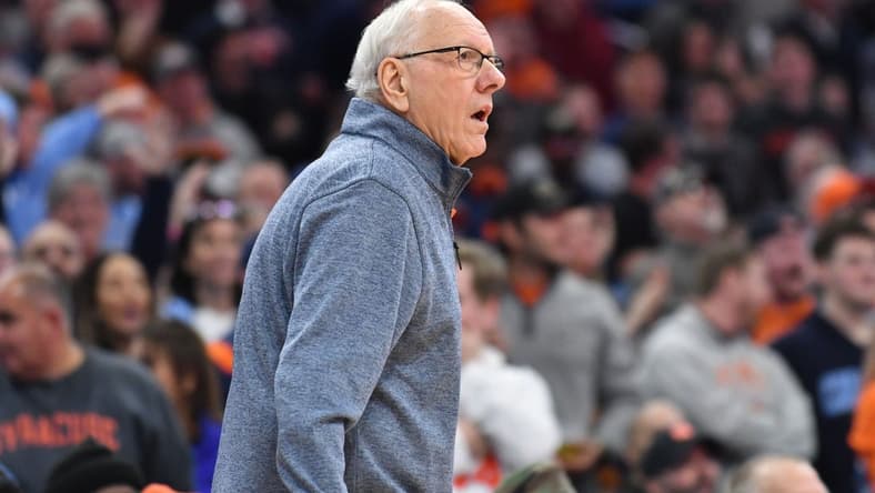 Jan 24, 2023; Syracuse, New York, USA; Syracuse Orange head coach Jim Boeheim watches play against the North Carolina Tar Heels in the second half at JMA Wireless Dome. Mandatory Credit: Mark Konezny-USA TODAY Sports