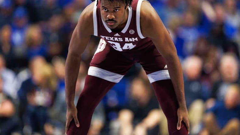 Jan 21, 2023; Lexington, Kentucky, USA; Texas A&M Aggies forward Julius Marble (34) looks on before the game against the Kentucky Wildcats at Rupp Arena at Central Bank Center. Mandatory Credit: Jordan Prather-USA TODAY Sports