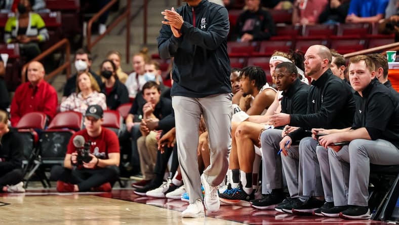 Jan 31, 2023; Columbia, South Carolina, USA; South Carolina Gamecocks head coach Lamont Paris directs his team against the Mississippi State Bulldogs in the second half at Colonial Life Arena. Mandatory Credit: Jeff Blake-USA TODAY Sports