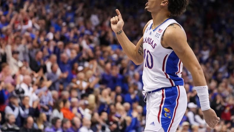 Jan 31, 2023; Lawrence, Kansas, USA; Kansas Jayhawks forward Jalen Wilson (10) celebrates during the first half against the Kansas State Wildcats at Allen Fieldhouse. Mandatory Credit: Jay Biggerstaff-USA TODAY Sports