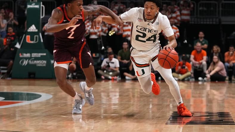 Jan 31, 2023; Coral Gables, Florida, USA; Miami Hurricanes guard Nijel Pack (24) drives the ball around Virginia Tech Hokies guard Michael Collins Jr. (2) during the second half at Watsco Center. Mandatory Credit: Jasen Vinlove-USA TODAY Sports