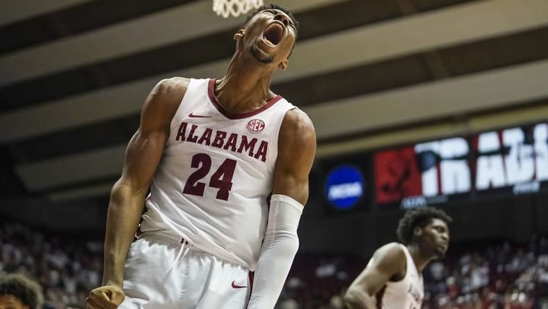 Jan 31, 2023; Tuscaloosa, Alabama, USA; Alabama Crimson Tide forward Brandon Miller (24) reacts after a play against the Vanderbilt Commodores during the second half at Coleman Coliseum. Mandatory Credit: Marvin Gentry-USA TODAY Sports
