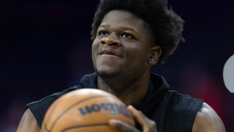 Feb 1, 2023; Philadelphia, Pennsylvania, USA; Orlando Magic center Mo Bamba warms up before action against the Philadelphia 76ers at Wells Fargo Center. Mandatory Credit: Bill Streicher-USA TODAY Sports